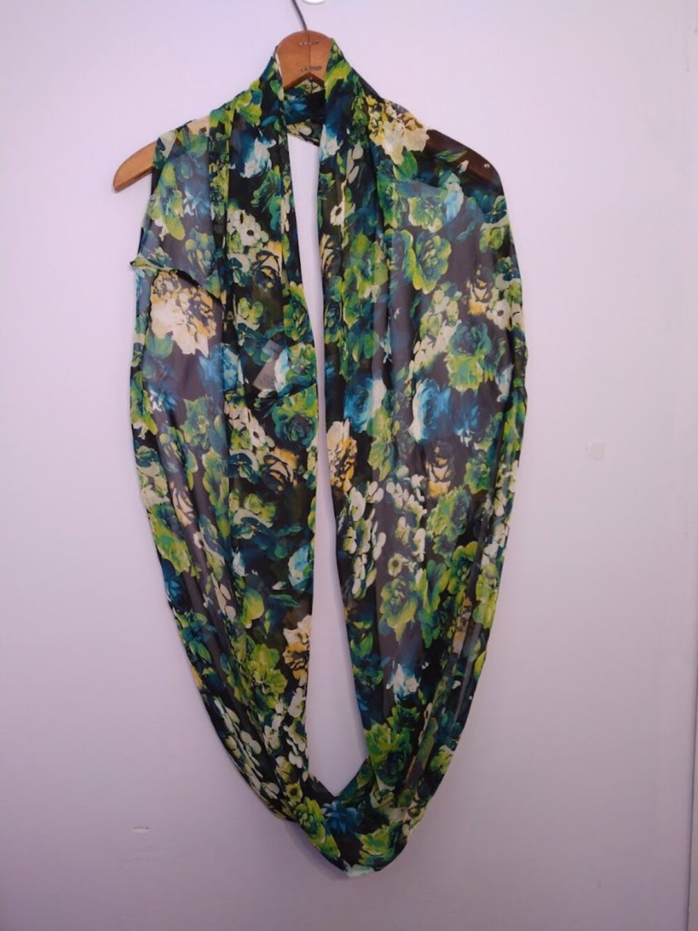 Susan Graver Infinity Scarf Floral Semi Sheer Chiffon Black Blue Green Yellow